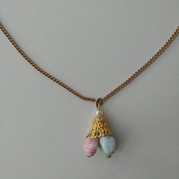 Short gold necklace with blue pink green pendant - Picture 2 of 11